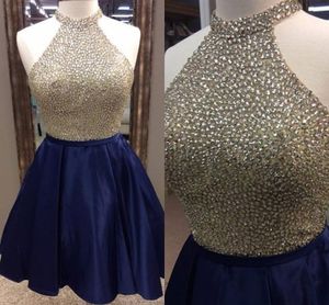 2019 bling hoge halter prom jurken korte homecoming jurk pailletten kralen open rug satijn a-lijn afstuderen jurk voor meisjes junioren