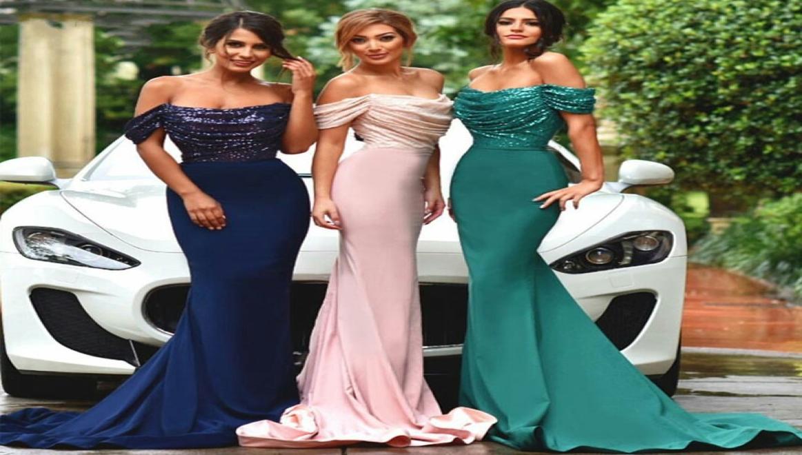 2019 Bling Sequin Long Evening Dresses Gorgeous Boat Neck Off the Shoulder Navy Blue Emerald Green Mermaid Prom Dress2529740