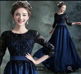 Robes de soirée en mousseline bleue 2019 Appliques en dentelle avec scoop Coldolline Sashes 34 manches modestes de soirée de bal de bal modeste 6910717