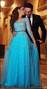 2019 Blue Lace Arabische avondjurken Crew Sheer Half Sheeves A-Line Tule boog riem prom jurken Vintage goedkope formele avondjurken