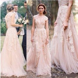 2019 Blush Spitze Brautkleider V-Ausschnitt Flügelärmel Reem Acra Puffy Brautkleider Vintage Country Garden A-Linie bodenlang Wedding210r