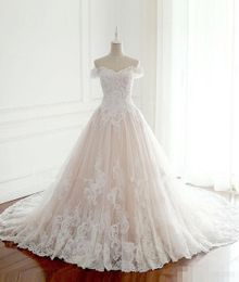 2019 rougir rose A Ligne Robes de mariée hors de l'épaule Dentelle Applique Sweep Share Cap Manteves Plus Taille Robe de mariée Vestido de Novia