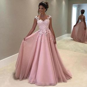 2019 Blush Pink Long Evening Prom Dresses Sheer Neck Cap Mouwen Keyhole Back Chiffon Applique Lace Gown Elegant AbendkleIder7907247
