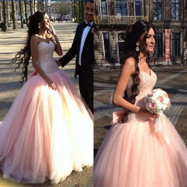 2019 Blush Rose Puffy Tulle Robes De Mariée Chérie Sans Manches Robes De Mariée De Mariée Sweet 16 Robe Formal235P