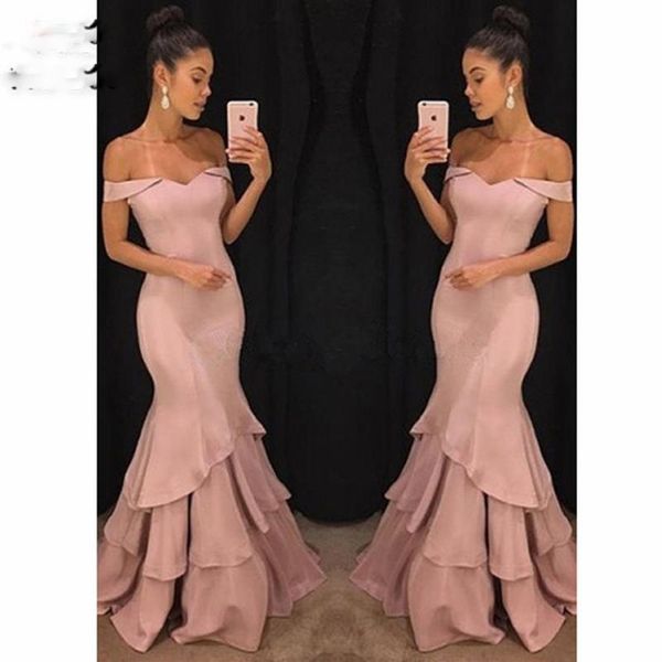 2019 Cuello barco Sirena Fuera del hombro Vestidos de noche Satén largo Manga corta Vestido de fiesta para adolescentes Vestido de noche formal para mujeres 301A