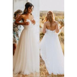 Bohème dentelle pays robes De mariée chérie Boho robes De mariée balayage Train Tulle dos nu plage une ligne Vestido De Novia