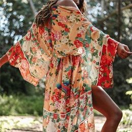 2019 bohème imprimé été plage robe portefeuille femmes maillots de bain coton tunique Style chinois Sexy avant ouvert Kimono robe paréo N751