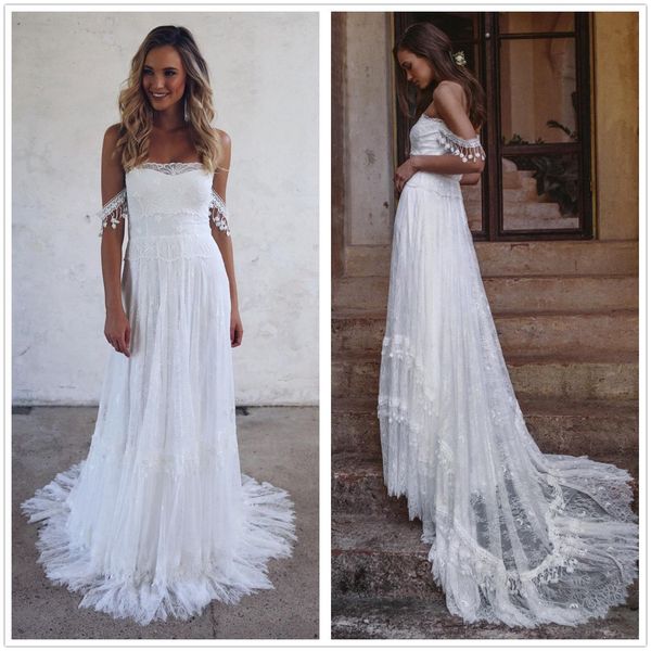 2019 robes de mariée de plage d'été bohème hors de l'épaule dentelle Boho robes de mariée Vintage français robe de noiva robe de mariée