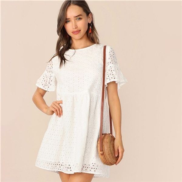 2019 BOHO BOHO BLANCO Funda corta Sólido Vestido de encaje de verano Sólido Mujeres Elegante O-Cuello Mudazo Cute Vestidos