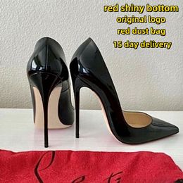 Diseñador Mujeres zapatos de tacón alto de alto fondo liso rojo 6 cm 8 cm 10 cm 12 cm Tacones delgados Pombas de cuero de patente nude negros con bolsa de polvo 34-44