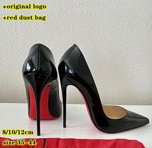 Zapatos de tacón alto de diseñador para mujer, fondos rojos brillantes, 8 cm, 10 cm, 12 cm, tacones finos, zapatos de charol negro desnudo para mujer con bolsa para polvo 34-44