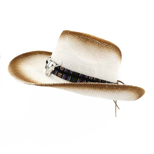 2019 Brown Peinture En Aluminium Bull Tête Décor Femmes Panama Style Chapeau Ruban Arcs Large Bord Visière Caps unisexe Cowboy Paille Fedora Chapeau