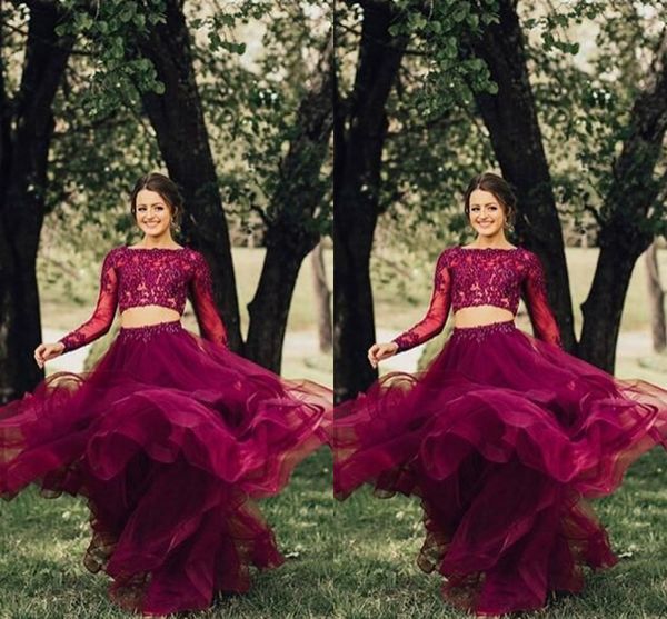 2019 Borgoña 2 piezas Vestidos de fiesta formales Ilusión larga Manga larga de encaje con cuentas Bateau Falda con gradas Vestidos de noche de tul Vestido dulce 16