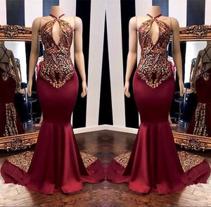 2019 Bourgondië Halter Satijnen Mermaid Lange Prom Jurken Kant Applique Criss Cross Floor Lengte Formele Party Avondjurken BC1302