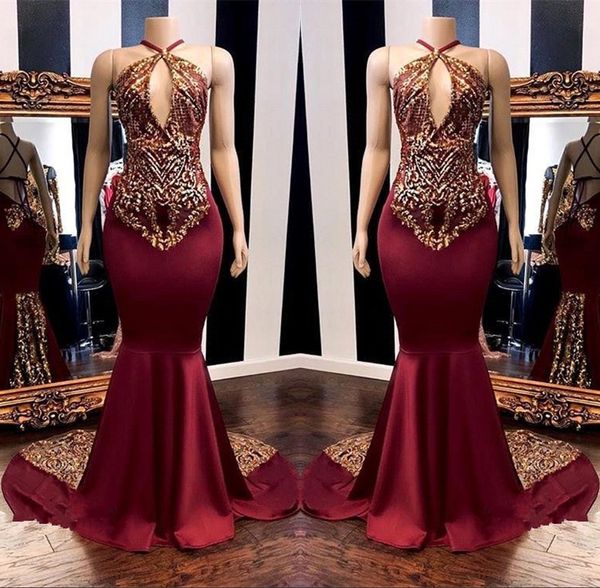 2019 Bourgogne Halter Satin Sirène Longue Robes De Bal Dentelle Applique Criss Cross Etage Longueur Formelle Robes De Soirée De Soirée BC1302