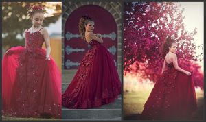 2019 Bourgondië kant bloem meisje jurken voor bruiloften boog kant kristal kralen parels meisjes pageant jurk sweetheart prom kinderen communie jassen
