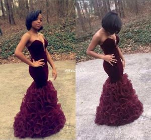 2019 Bourgondy Mermaid Prom Dresses Long Velvet Sweetheart Afrikaans Arabisch Pageant Party Draag goedkope ruches open terug avond feest2582670