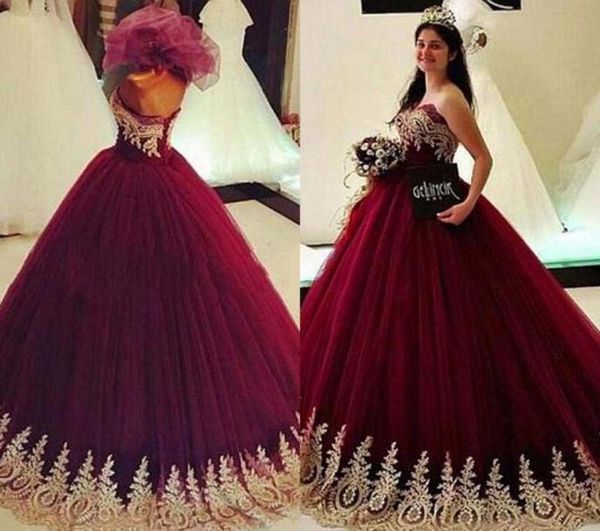 2019 Burgoundy Quinceanera Dress Princess Arabic Dubai Gold Appliques Sweet 16 Edades Long Girls Prom Party Gown Plus Tamaño CU7510467