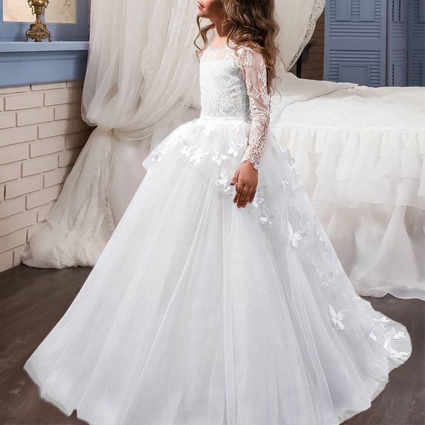 Vestido de fiesta con mangas casquillo, vestidos para niñas de flores, vestidos para niños, joya, cuello con cuentas, encaje, longitud del piso superior con cinta, vestido de fiesta de comunión blanco