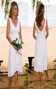 2019 robes de mariée de plage décontractées modèles col en V une ligne longueur de thé robes de soirée de mariage en mousseline de soie blanche9458059