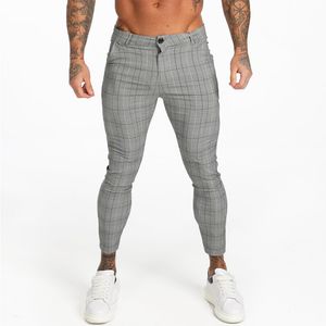 Pantalon décontracté pour hommes, jean chino, coupe cintrée, pantalon chino slim, gris, longueur cheville, super extensible, à carreaux de styliste