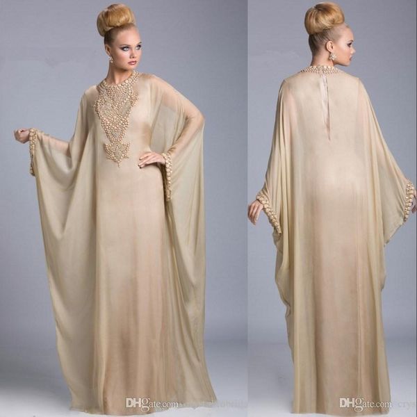 Champagne Gasa Madre de los vestidos de novia Abaya Dubai Kaftan islámico Cuello joya Con cuentas de cristal Mangas largas Vestidos de invitados de boda por la noche