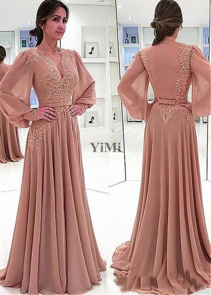 2019 Champagne Vestidos para madre de la novia Manga larga Cuello en V Blusa de ilusión Apliques de gasa Faja Vestidos de fiesta de noche para mujer Tallas grandes