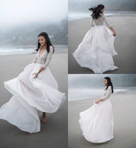 2019 Barato Una línea Vestidos de novia de playa Encaje Media manga larga Cuello en V Gasa Boho Vestido de novia por encargo Tallas grandes Vestidos de novia