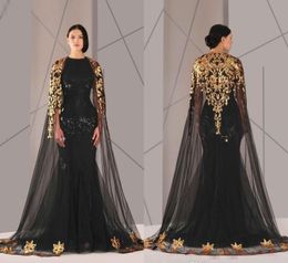 2019 goedkope Arabische Formele Pageant Avondjurken met Cloak Gold Lace Plus Size Black Lovertjes Vestidos de Novia Prom Gelegenheid Goedkoop Goedkoop