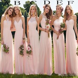 2019 goedkope blush lange bruidsmeisje jurken zomer boho chiffon bruidsmeisje jurk voor strand prom feest ruches bruiloft gasten jurken aangepast m 281l