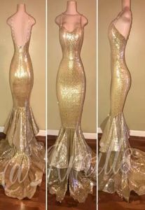 2019 goedkope gouden pailletten zeemeermin prom -jurken spaghetti ruffels ruches rok lange formele feestjurken backless avond optocht gow6795135