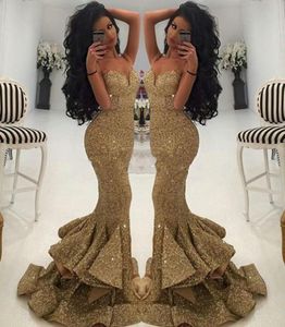 2019 Robes longues de bal bon marché Luxury Sweetheart Sequins Mermaid Spaghetti Stracts drapés Ruffles Evening Maxi Gowns Pageant fête DR5859450