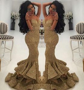 2019 Robes longues de bal pas cher Luxury Sweetheart Sequins Mermaid Spaghetti Stracts drapés Ruffles Evening Maxi Gowns Pageant fête DR6502305