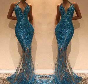 2019 goedkope lange pailletten avondjurk Dubai Mermaid Halter Hals Holiday Vrouwen Dragen Formele Party Prom Gown Custom Made Plus Size