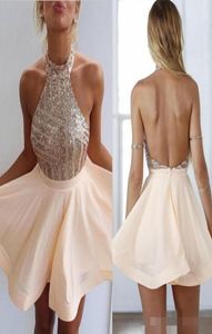 2019 Peach Halter Neck Homecoming Robes de graduation Blinging Sequins Bodice Backless Mmess Cocktail court Aline Cocktail 9620136
