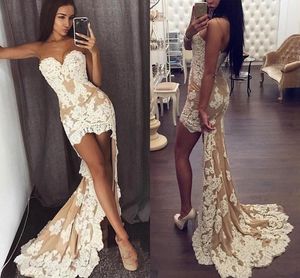 2019 goedkope korte sexy cocktail jurken partij lieverd hoge champagne met ivoren appliques mouwloze backless prom homecoming jassen