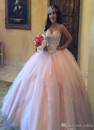 2019 Chic Pink Ball Vate Quinceanera Dress Spaghetti Straps Tulle Sweet 16 Edades Long Girls Party Gown Plus Tamaño personalizado Mad3864330