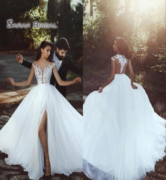 2019 Robe de mariée en dentelle en mousseline de soie Hight Split Beach Sexy sans manches dos nu tenue de soirée robe formelle haut de gamme Boutique de mariage4290457