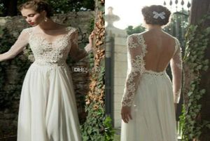 2019 Chiffon Lace Summer Collection Sheer Wedding Jurken Lange mouwen Bateau Backless vloer lengte strandjurken goedkoop 3250181