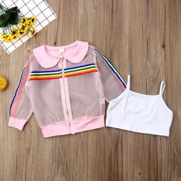 2019 kinderen zomer kleding peuter kinderen baby meisje mesh jas + vest + broek outfit 3 stks zonsuit kleurrijke regenboog gestreepte set