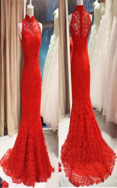 Robes de soirée en dentelle rouge chinoise 2019 Robe formelle à col haut de collier de balle de balle de fête de fête