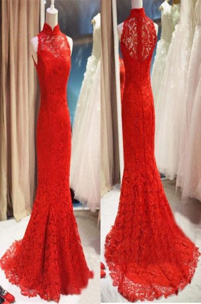 Vestidos de noche de encaje rojo chino 2019 Mermaid High Collar Formal Vestido de fiesta Long Party Vestidos 3006288