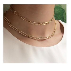 2021 cadeau de noël unique femmes bijoux or rempli micro pavé cz goupille de sécurité lien chaîne collier ras du cou 32 + 10cm sexy layer1