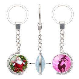 2019 Kerst Glas Cabochon Double Sides Sleutelhangers Rendier Tree Santa Claus Bell Sneeuwpop Hanger Draaibare Sleutelhanger Sieraden Accessoires