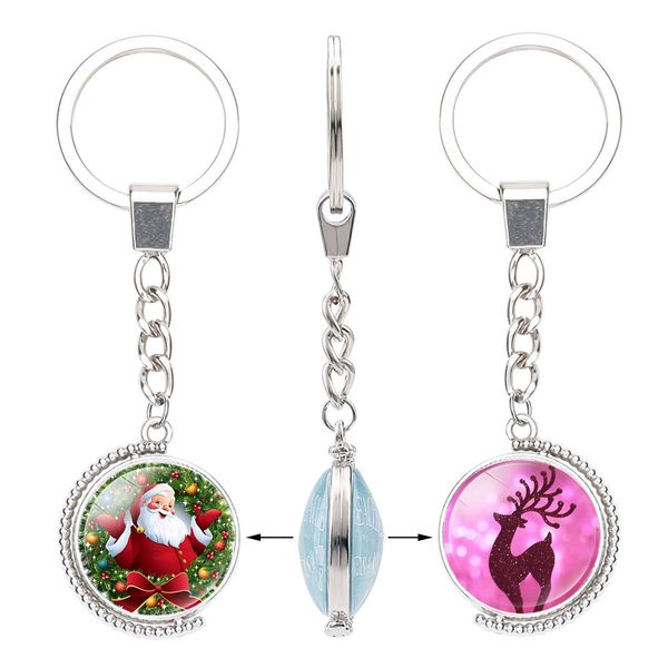 2019 Noël Verre Cabochon Double Côtés Porte-clés Arbre De Rennes Père Noël Cloche Bonhomme De Neige Pendentif Rotatif Porte-clés Accessoires De Bijoux