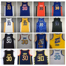 Hommes 2022 75th City Blue Stephen Curry Basketball Jerseys # 30 Noir Blanc Jaune Vintage Chemises cousues S-XXL