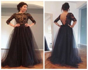 2019 klassieke zwarte avondjurken Abendkleider Backless Lace Long Formal Dress Robe de Soiree Vestido de Festa Half Sleeve Prom D1953001