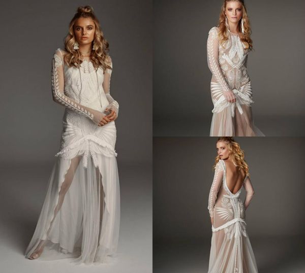 2019 robes de mariée sirène classiques bijou cou dentelle appliques longueur de plancher deux pièces robe de mariée de plage avec long manteau robes8198602