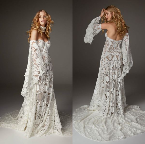 2019 robes de mariée sirène classiques chérie dentelle appliques balayage train robe de mariée bohème personnalisé abiti da sposa manches détachables