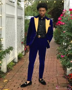 2019 Jas Pant Designs Royal Blue Velvet Gold Revers Bruidegom Mannen Pak Tuxedos Prom Costume Homme Mariage voor Mens Bruiloft Pakken